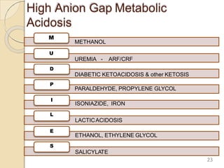 High Anion Gap Metabolic
Acidosis
M
U
D
P
I
E
METHANOL
UREMIA - ARF/CRF
DIABETIC KETOACIDOSIS & other KETOSIS
PARALDEHYDE, PROPYLENE GLYCOL
ISONIAZIDE, IRON
L
LACTICACIDOSIS
ETHANOL, ETHYLENE GLYCOL
S
SALICYLATE
23
 
