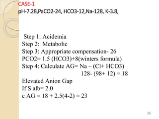 CASE-1
pH-7.28,PaCO2-24, HCO3-12,Na-128, K-3.8,
Step 1: Acidemia
Step 2: Metabolic
Step 3: Appropriate compensation- 26
PCO2= 1.5 (HCO3)+8(winters formula)
Step 4: Calculate AG= Na – (Cl+ HCO3)
128- (98+ 12) = 18
Elevated Anion Gap
If S alb= 2.0
c AG = 18 + 2.5(4-2) = 23
26
 