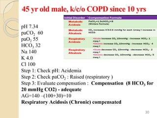 45 yr old male, k/c/o COPD since 10 yrs
pH 7.34
paCO2 60
paO2 55
HCO3 32
Na 140
K 4.0
Cl 100
Step 1: Check pH: Acidemia
Step 2: Check paCO2 : Raised (respiratory )
Step 3: Evaluate compensation : Compensation (8 HCO3 for
20 mmHg CO2) - adequate
AG=140 –(100+30)=10
Respiratory Acidosis (Chronic) compensated
30
 