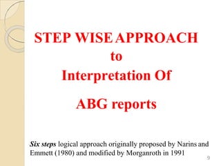 STEP WISEAPPROACH
to
Interpretation Of
ABG reports
Six steps logical approach originally proposed by Narins and
Emmett (1980) and modified by Morganroth in 1991
9
 