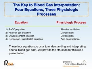 The Key to Blood Gas Interpretation: Four Equations, Three Physiologic Processes Equation   Physiologic Process 1)  PaCO 2  equation  Alveolar ventilation 2)  Alveolar gas equation Oxygenation 3)  Oxygen content equation  Oxygenation 4)  Henderson-Hasselbalch equation  Acid-base balance   These four equations, crucial to understanding and interpreting arterial blood gas data, will provide the structure for this slide presentation. 