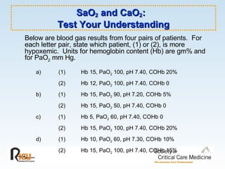 SaO 2  and CaO 2 :  Test Your Understanding Below are blood gas results from four pairs of patients.  For each letter pair, state which patient, (1) or (2), is more hypoxemic.  Units for hemoglobin content (Hb) are gm% and for PaO 2  mm Hg. a) (1) Hb 15, PaO 2  100, pH 7.40, COHb 20% (2) Hb 12, PaO 2  100, pH 7.40, COHb 0 b) (1) Hb 15, PaO 2  90, pH 7.20, COHb 5% (2) Hb 15, PaO 2  50, pH 7.40, COHb 0 c) (1) Hb 5, PaO 2  60, pH 7.40, COHb 0 (2) Hb 15, PaO 2  100, pH 7.40, COHb 20%  d) (1) Hb 10, PaO 2  60, pH 7.30, COHb 10% (2) Hb 15, PaO 2  100, pH 7.40, COHb 15% 