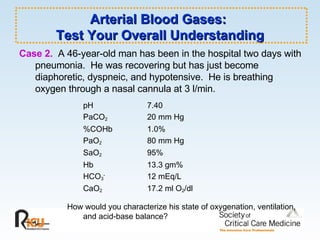 Arterial Blood Gases:  Test Your Overall Understanding Case 2.   A 46-year-old man has been in the hospital two days with pneumonia.  He was recovering but has just become diaphoretic, dyspneic, and hypotensive.  He is breathing oxygen through a nasal cannula at 3 l/min. pH  7.40 PaCO 2 20 mm Hg %COHb 1.0% PaO 2 80 mm Hg SaO 2   95%  Hb 13.3 gm% HCO 3 - 12 mEq/L CaO 2 17.2 ml O 2 /dl How would you characterize his state of oxygenation, ventilation, and acid-base balance? 