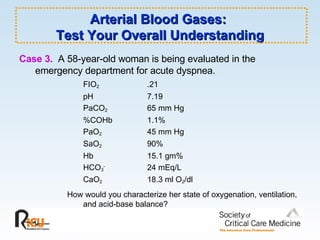 Arterial Blood Gases:  Test Your Overall Understanding Case 3.   A 58-year-old woman is being evaluated in the emergency department for acute dyspnea. FIO 2 .21 pH  7.19 PaCO 2 65 mm Hg %COHb 1.1% PaO 2 45 mm Hg SaO 2   90%  Hb 15.1 gm% HCO 3 - 24 mEq/L CaO 2 18.3 ml O 2 /dl How would you characterize her state of oxygenation, ventilation, and acid-base balance? 
