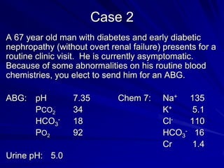 Summary of the Approach to ABGsCheck the pHCheck the pCO2Select the appropriate compensation formulaDetermine if compensation is appropriateCheck the anion gap AG=NA – (HCO3 + CL):12If the anion gap is elevated, check the delta-deltaG:G Ratio =Δ AG (12-AG m) \Δ HCO3 (24-HCO3 m)If a metabolic acidosis is present, check urine pHGenerate a differential diagnosis