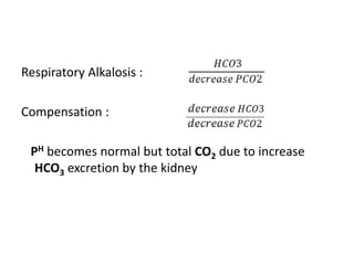 Respiratory Alkalosis :
Compensation :
PH becomes normal but total CO2 due to increase
HCO3 excretion by the kidney
 