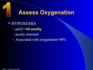 Assess OxygenationAssess Oxygenation
HYPOXEMIA
– paO2 <60 mmHg
– poorly tolerated
– Associated with oxygenation<90%
 