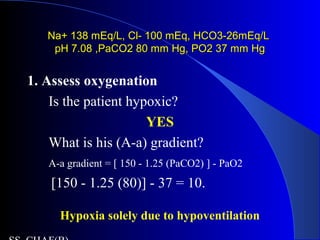 Na+ 138 mEq/L, Cl- 100 mEq, HCO3-26mEq/LNa+ 138 mEq/L, Cl- 100 mEq, HCO3-26mEq/L
pH 7.08 ,PaCO2 80 mm Hg, PO2 37 mm HgpH 7.08 ,PaCO2 80 mm Hg, PO2 37 mm Hg
1. Assess oxygenation
Is the patient hypoxic?
YES
What is his (A-a) gradient?
A-a gradient = [ 150 - 1.25 (PaCO2) ] - PaO2
[150 - 1.25 (80)] - 37 = 10.
Hypoxia solely due to hypoventilation
 