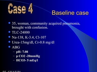 Baseline caseBaseline case
 35, woman, community acquired pneumonia,
brought with confusion.
 TLC-24000
 Na-138, K-3.4, Cl-107
 Urea-15mg/dl, Cr-0.8 mg/dl
 ABG
– pH- 7.08
– p CO2 -20mmHg
– HCO3- 5 mEq/l
 