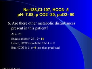 Na-138,Cl-107, HCO3- 5Na-138,Cl-107, HCO3- 5
pH- 7.08, p CO2 -20, paO2- 90pH- 7.08, p CO2 -20, paO2- 90
6. Are there other metabolic disturbances
present in this patient?
AG= 26
Excess anions= 26-12= 14
Hence, HCO3 should be 25-14 = 11
But HCO3 is 5, or 6 less than predicted
 