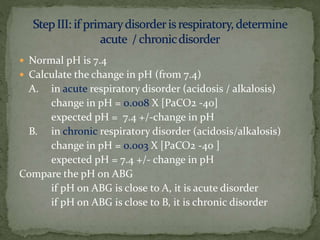  Normal pH is 7.4

 Calculate the change in pH (from 7.4)

A.

in acute respiratory disorder (acidosis / alkalosis)
change in pH = 0.008 X [PaCO2 -40]
expected pH = 7.4 +/-change in pH
B. in chronic respiratory disorder (acidosis/alkalosis)
change in pH = 0.003 X [PaCO2 -40 ]
expected pH = 7.4 +/- change in pH
Compare the pH on ABG
if pH on ABG is close to A, it is acute disorder
if pH on ABG is close to B, it is chronic disorder

 