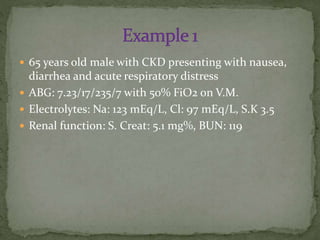  65 years old male with CKD presenting with nausea,

diarrhea and acute respiratory distress
 ABG: 7.23/17/235/7 with 50% FiO2 on V.M.
 Electrolytes: Na: 123 mEq/L, Cl: 97 mEq/L, S.K 3.5
 Renal function: S. Creat: 5.1 mg%, BUN: 119

 