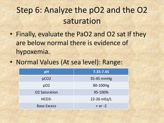 Step 6: Analyze the pO2 and the O2
saturation
• Finally, evaluate the PaO2 and O2 sat If they
are below normal there is evidence of
hypoxemia.
• Normal Values (At sea level): Range:
pH 7.35-7.45
pCO2 35-45 mmHg
pO2 80-100Hg
O2 Saturation 95-100%
HCO3- 22-26 mEq/L
Base Excess + or -2
 
