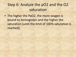 Step 6: Analyze the pO2 and the O2
saturation
• The higher the PaO2, the more oxygen is
bound to hemoglobin and the higher the
saturation (until the limit of 100% saturation is
reached).
 