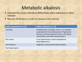 Metabolic alkalosis
 Calculate the urinary chloride to differentiate saline responsive vs saline
resistant
 Must be off diuretics in order to interpret urine chloride
Saline responsive UCL<10 Saline-resistant UCL >10
Vomiting If hypertensive: Cushings, Conn’s -is a condition
associated with the development of high blood
pressure and low potassium levels in the blood.
-Renal failure with alkali administration
NG suction If not hypertensive: severe hypokalemia,
hypomagnesemia,
Over-diuresis Exogenous corticosteroid administration
Post-hypercapnia
 