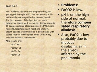 Case No. 1 • Problems:
• PaCO2 is low.
• pH is on the high
side of normal,
therefore compen
sated respiratory
alkalosis.
• Also, PaO2 is low,
probably due to
mucous
displacing air in
the alveoli
affected by the
pneumonia
Mrs. Puffer is a 35-year-old single mother, just
getting off the night shift. She reports to the ED
in the early morning with shortness of breath.
She has cyanosis of the lips. She has had a
productive cough for 2 weeks. Her temperature is
39 degrees celsius, blood pressure 110/76, heart
rate 108, respirations 32, rapid and shallow.
Breath sounds are diminished in both bases, with
coarse rhonchi in the upper lobes. Chest X-ray
indicates bilateral pneumonia.
ABG results are:
pH= 7.44
PaCO2= 28
HCO3= 24
PaO2= 54
 