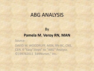 ABG ANALYSIS
By
Pamela M. Veroy RN, MAN
Source:
DAVID W. WOODRUFF, MSN, RN-BC, CNS,
CEN. 6 "Easy"Steps“ to "ABG“ Analysis
©199762011 Ed4Nurses,“ Inc.
 