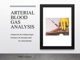 ARTERIAL
BLOOD
GAS
ANALYSIS
Chairperson: Dr. Vandana Gogate
Presenters: Dr. Priyanka Gadvi
Dr. Ashwin Haridas
JNMC, Belagavi
 