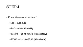 STEP-I
• Know the normal values !!
opH → 7.35-7.45
oPaO2 → 80-100 mmHg
oPaCO2 → 35-45 mmHg (Respiratory)
oHCO3 → 22-26 mEq/L (Metabolic)
 