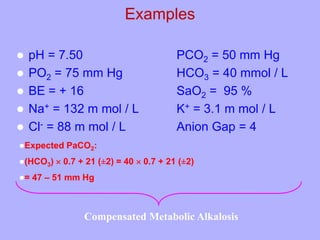 Examples
 pH = 7.50 PCO2 = 50 mm Hg
 PO2 = 75 mm Hg HCO3 = 40 mmol / L
 BE = + 16 SaO2 = 95 %
 Na+ = 132 m mol / L K+ = 3.1 m mol / L
 Cl- = 88 m mol / L Anion Gap = 4
Compensated Metabolic Alkalosis
Expected PaCO2:
(HCO3)  0.7 + 21 (±2) = 40  0.7 + 21 (±2)
= 47 – 51 mm Hg
 