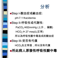 分析
Step   I-酸血症或鹼血症:
   pH-7.1acidemia
Step   II-呼吸性或代謝性:
   PaCO282mmHg (上升， 偏酸)
   HCO3 27 meq/L(正常)
   所以為呼吸性酸中毒造成...