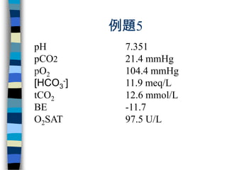 例題5
pH         7.351
pCO2       21.4 mmHg
pO2        104.4 mmHg
[HCO3-]    11.9 meq/L
tCO2       12.6 mmol/L
BE         -1...