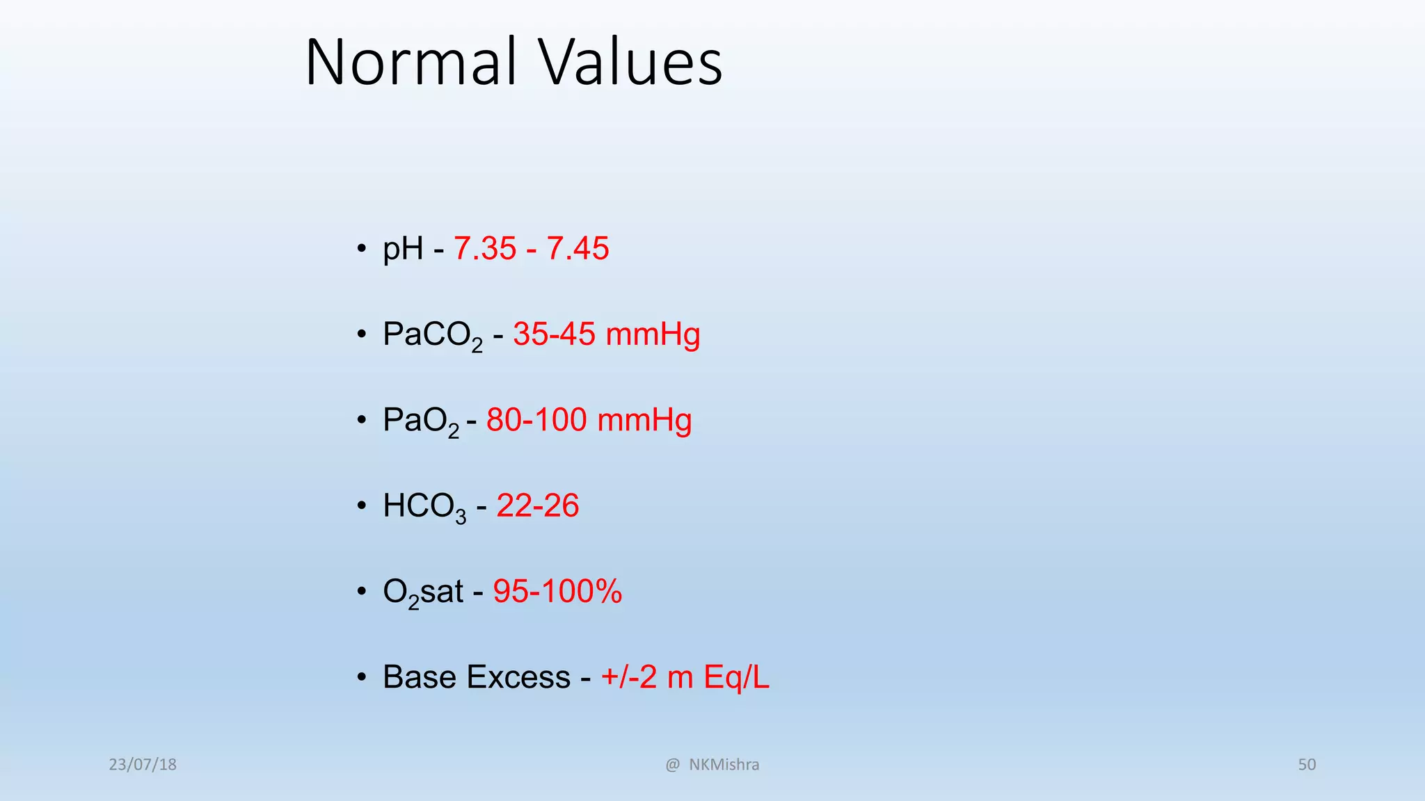 Normal Values
• pH - 7.35 - 7.45
• PaCO2 - 35-45 mmHg
• PaO2 - 80-100 mmHg
• HCO3 - 22-26
• O2sat - 95-100%
• Base Excess - +/-2 m Eq/L
@ NKMishra23/07/18 50
 