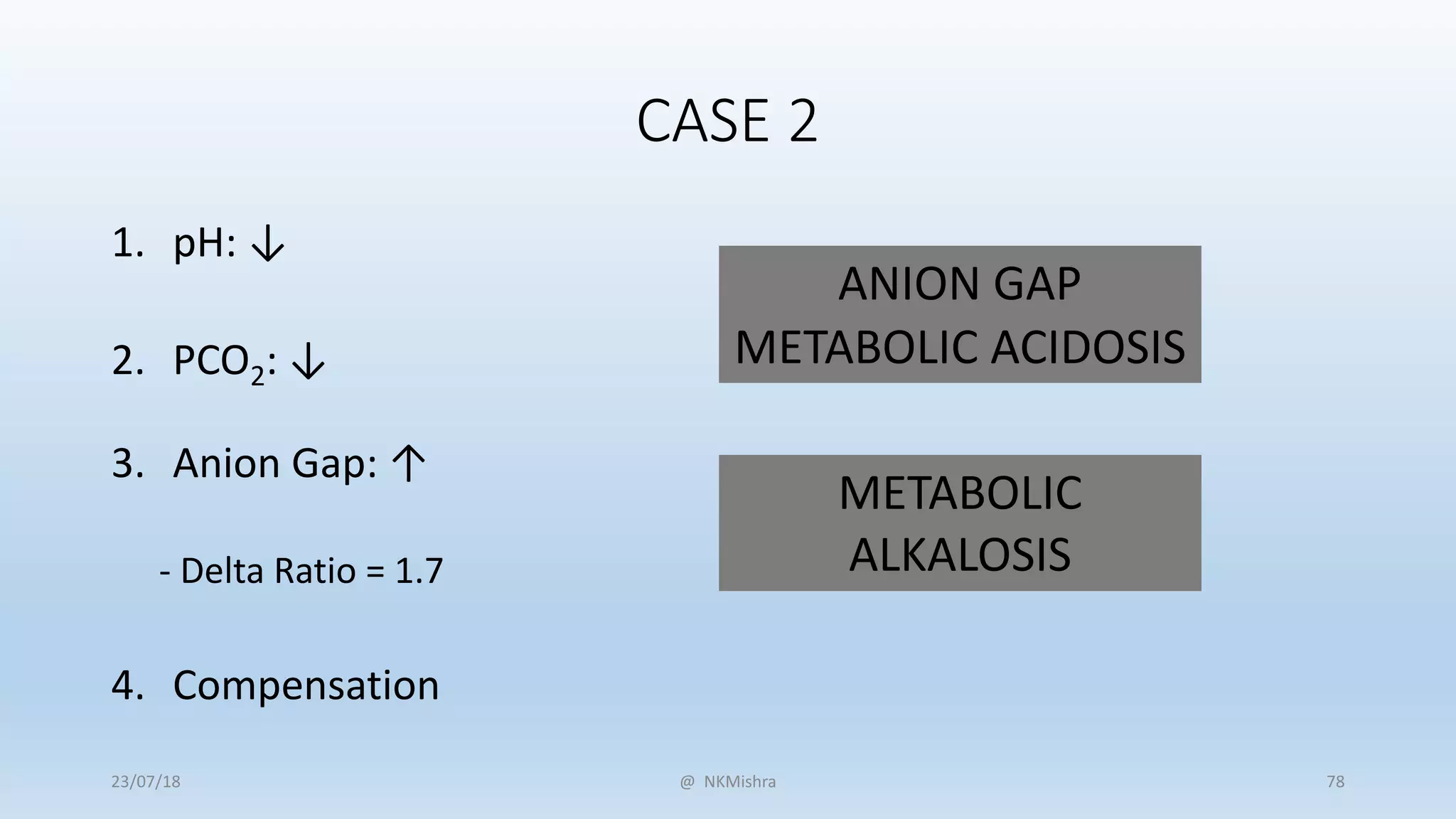 1. pH: ↓
2. PCO2: ↓
3. Anion Gap: ↑
- Delta Ratio = 1.7
4. Compensation
CASE 2
METABOLIC ACIDOSIS
ANION GAP
METABOLIC
ALKALOSIS
@ NKMishra23/07/18 78
 