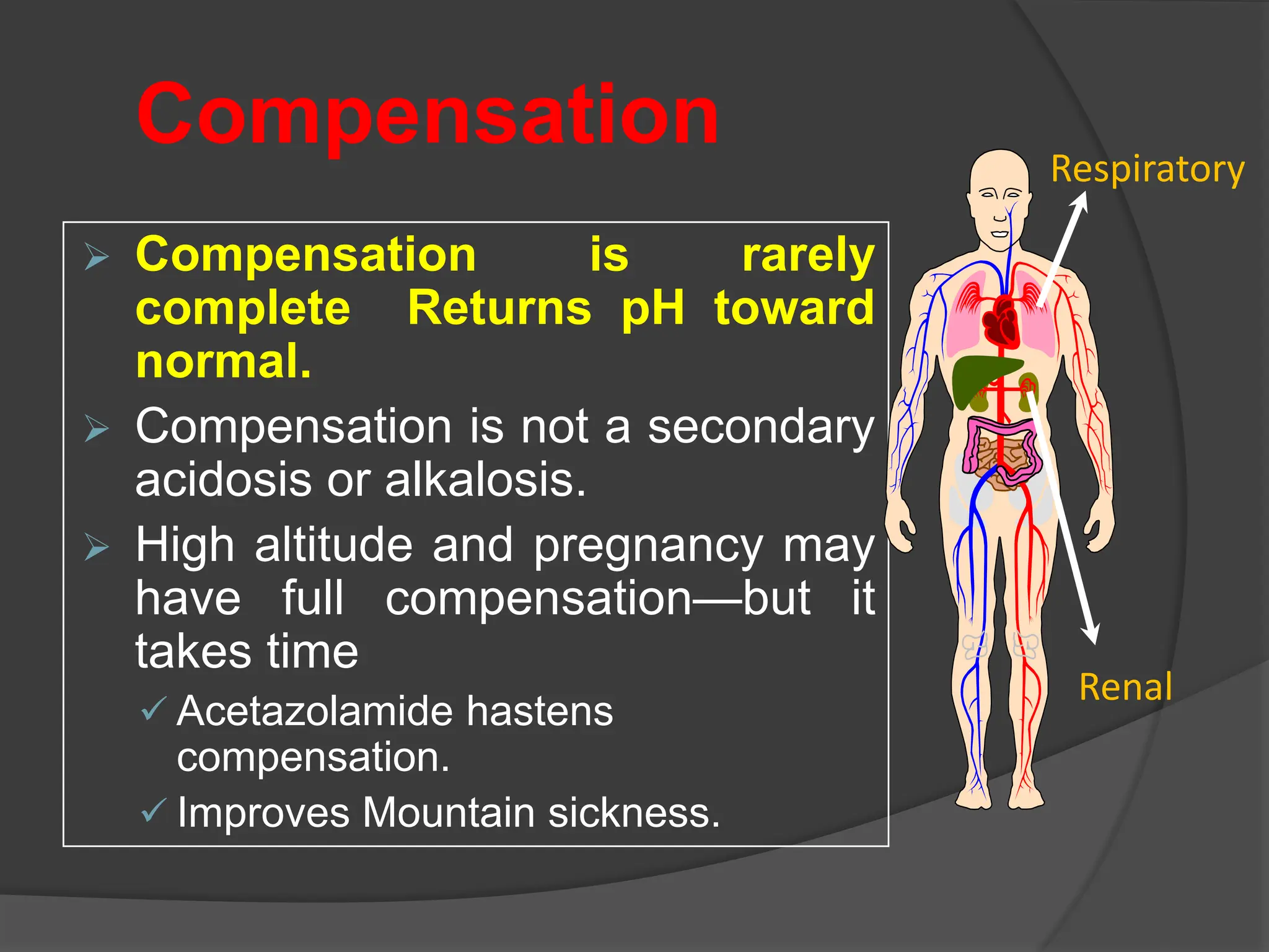 Compensation
 Compensation is rarely
complete Returns pH toward
normal.
 Compensation is not a secondary
acidosis or alkalosis.
 High altitude and pregnancy may
have full compensation—but it
takes time
 Acetazolamide hastens
compensation.
 Improves Mountain sickness.
Respiratory
Renal
 
