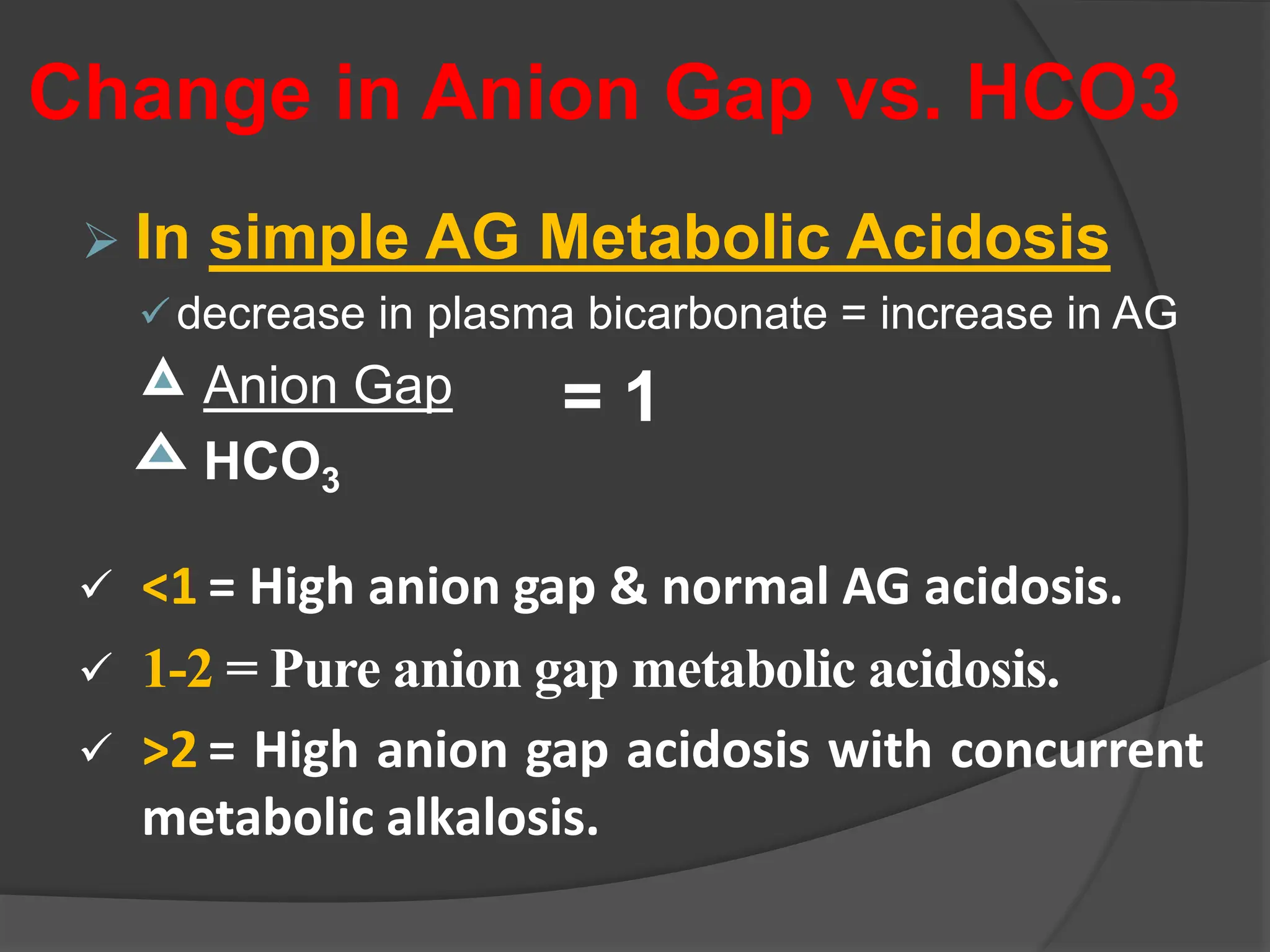Change in Anion Gap vs. HCO3
 In simple AG Metabolic Acidosis
decrease in plasma bicarbonate = increase in AG
Anion Gap
HCO3
 <1 = High anion gap & normal AG acidosis.
 1-2 = Pure anion gap metabolic acidosis.
 >2 = High anion gap acidosis with concurrent
metabolic alkalosis.
= 1
 
