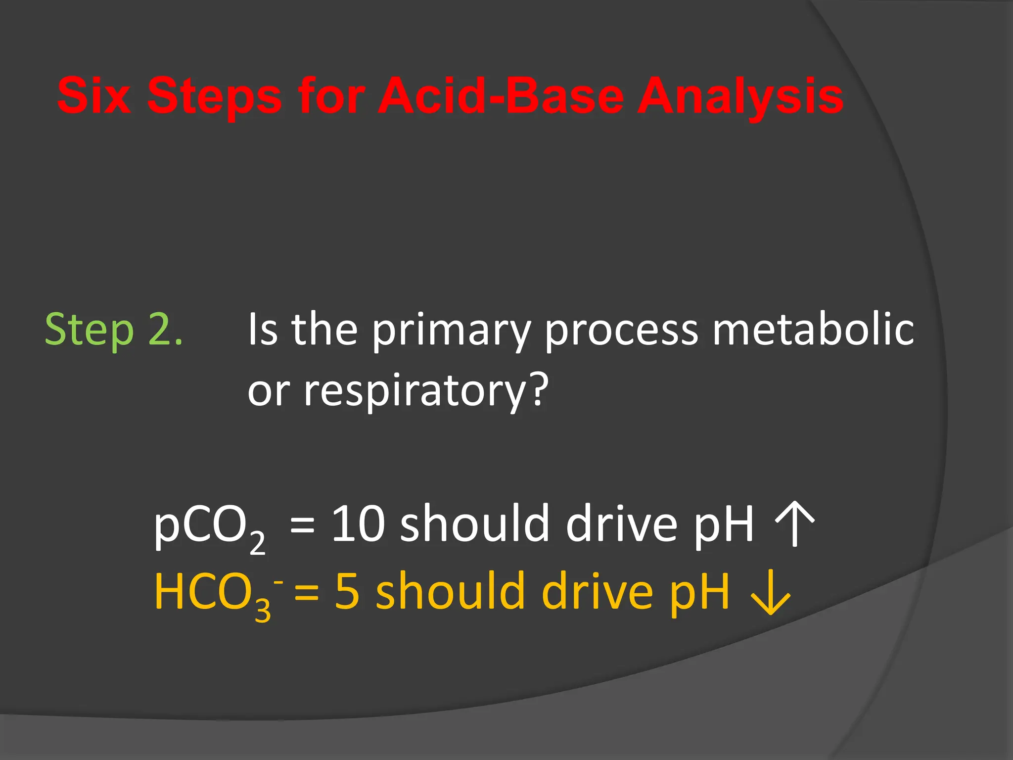 Six Steps for Acid-Base Analysis
Step 2. Is the primary process metabolic
or respiratory?
pCO2 = 10 should drive pH ↑
HCO3
- = 5 should drive pH ↓
 