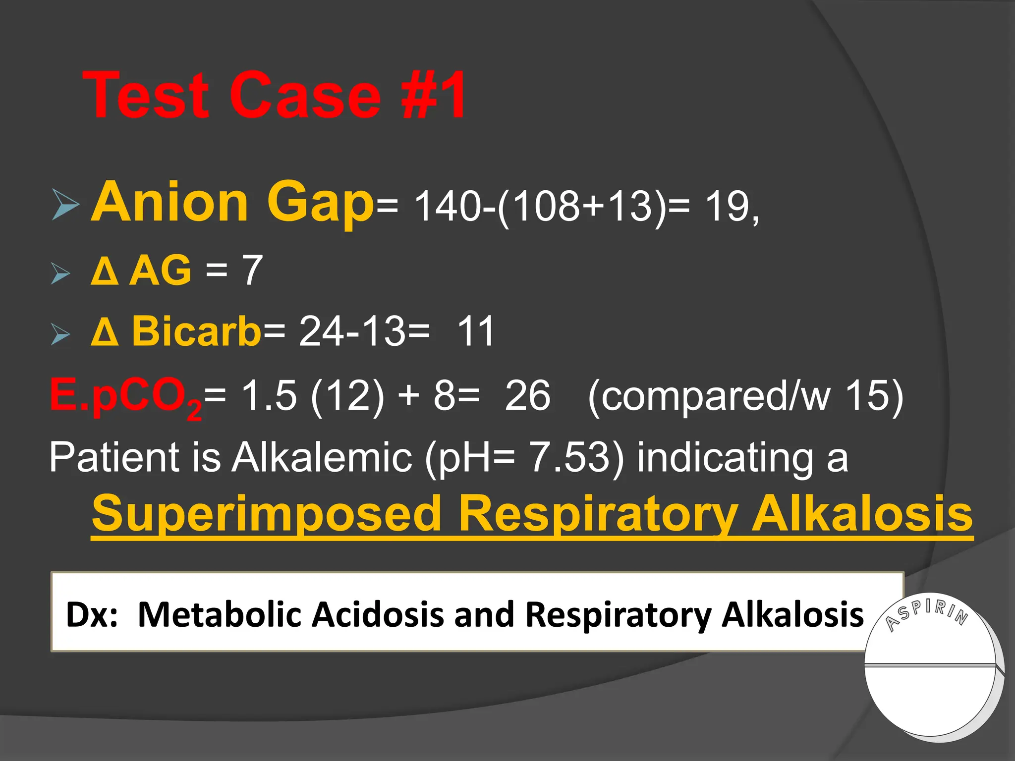 Test Case #1
Anion Gap= 140-(108+13)= 19,
 Δ AG = 7
 Δ Bicarb= 24-13= 11
E.pCO2= 1.5 (12) + 8= 26 (compared/w 15)
Patient is Alkalemic (pH= 7.53) indicating a
Superimposed Respiratory Alkalosis
Dx: Metabolic Acidosis and Respiratory Alkalosis
 
