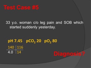 Test Case #5
33 y.o. woman c/o leg pain and SOB which
started suddenly yesterday.
pH 7.45 pCO2 20 pO2 80
140 116
4.0 14
Diagnosis?
 