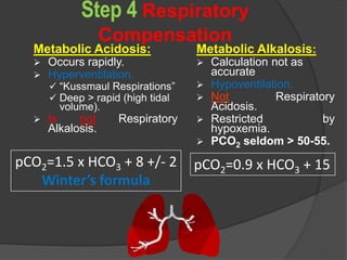 Step 4 Respiratory
Compensation
Metabolic Acidosis:
 Occurs rapidly.
 Hyperventilation.
 “Kussmaul Respirations”
 Deep > rapid (high tidal
volume).
 Is not Respiratory
Alkalosis.
Metabolic Alkalosis:
 Calculation not as
accurate
 Hypoventilation.
 Not Respiratory
Acidosis.
 Restricted by
hypoxemia.
 PCO2 seldom > 50-55.
pCO2=1.5 x HCO3 + 8 +/- 2
Winter’s formula
pCO2=0.9 x HCO3 + 15
 