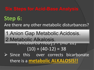 Six Steps for Acid-Base Analysis
Step 6:
Are there any other metabolic disturbances?
 Corrected HCO3
- =
(Measured HCO3
-) + (AG-12)
(10) + (40-12) = 38
 Since this over corrects bicarbonate
there is a metabolic ALKALOSIS!!
1.Anion Gap Metabolic Acidosis.
2.Metabolic Alkalosis.
 