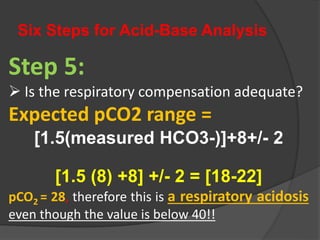 Six Steps for Acid-Base Analysis
Step 5:
 Is the respiratory compensation adequate?
Expected pCO2 range =
[1.5(measured HCO3-)]+8+/- 2
[1.5 (8) +8] +/- 2 = [18-22]
pCO2 = 28, therefore this is a respiratory acidosis
even though the value is below 40!!
 
