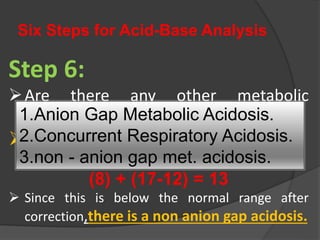 Six Steps for Acid-Base Analysis
Step 6:
Are there any other metabolic
disturbances?
Corrected HCO3
- =
(Measured HCO3
-) + (AG-12)
(8) + (17-12) = 13
 Since this is below the normal range after
correction,there is a non anion gap acidosis.
1.Anion Gap Metabolic Acidosis.
2.Concurrent Respiratory Acidosis.
3.non - anion gap met. acidosis.
 