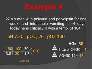 Example 4
27 y.o man with polyuria and polydipsia for one
week, and intractable vomiting for 4 days.
Today he is critically ill with a temp. of 104 F.
pH 7.50 pCO2 26 pO2 100
150 100 50
3.8 20 1.8
650
AG= 30
Bicarb=24-20= 4
AG=30-12= 18
Na/Cl > 1.4
 