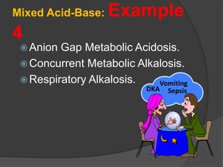 Mixed Acid-Base: Example
4
 Anion Gap Metabolic Acidosis.
 Concurrent Metabolic Alkalosis.
 Respiratory Alkalosis.
DKA
Vomiting
Sepsis
 