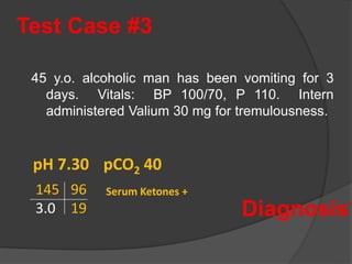 Test Case #3
45 y.o. alcoholic man has been vomiting for 3
days. Vitals: BP 100/70, P 110. Intern
administered Valium 30 mg for tremulousness.
pH 7.30 pCO2 40
145 96
3.0 19
Serum Ketones +
Diagnosis?
 