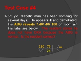 Test Case #4
A 22 y.o. diabetic man has been vomiting for
several days. He appears ill and dehydrated.
His ABG reveals 7.40/ 40/ 100 on room air.
His labs are below. The resident states he
does not have DKA because the ABG is
normal. Is the resident correct?
130 76
3.0 24
800
 