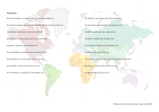 Wortschatz
die Anerkennung: o reconhecimento (pt), the recognition (en)

der Häftling: o prisioneiro (pt), the prisoner (en)

die Arbeitsverweigerung: a recusa de trabalho (pt), the refusal of work (en)

die Herrschaft: o domínio (pt), the dominion (en)

sich befinden: encontrar-se (pt), be located (en)

inhaftieren: aprisionar (pt), imprison (en)

das Denkmal: o monumento (pt), the monument (en)

die Pietät: a piedade (pt), the piety (en)

einsperren: aprisionar (pt), imprison (en)

das Schicksal: o destino (pt), the destiny (en)

die Gedenkstätte: o memorial (pt), the memorial (en)

vorführen: exibir (pt), show (en)

das Gedächtnis: a memória (pt), the memory (en)

die Vorstufe: a fase preliminar (pt), the preliminary stage (en)

das Gelände: o terreno (pt), the terrain (en)

der Zwang: a coerção (pt), the coercion (en)

der Gewahrsam: a custódia (pt), the custody (en)

zwingen: obrigar (pt), force (en)

Webseite der Präsentation: http://migre.me/hNQ5F

 