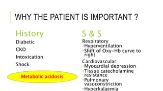 WHY THE PATIENT IS IMPORTANT ?
History S & S
Diabetic
CKD
Intoxication
Shock
Respiratory
Hyperventilation
Shift of Oxy-Hb curve to
right
Cardiovascular
Myocardial depression
Tissue catecholamine
resistance
Pulmonary
vasoconstriction
Hyperkalaemia
Metabolic acidosis
 