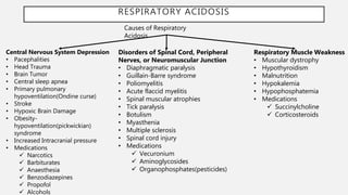 RESPIRATORY ACIDOSIS
Causes of Respiratory
Acidosis
Central Nervous System Depression
• Pacephalities
• Head Trauma
• Brain Tumor
• Central sleep apnea
• Primary pulmonary
hypoventilation(Ondine curse)
• Stroke
• Hypoxic Brain Damage
• Obesity-
hypoventilation(pickwickian)
syndrome
• Increased Intracranial pressure
• Medications
 Narcotics
 Barbiturates
 Anaesthesia
 Benzodiazepines
 Propofol
 Alcohols
Respiratory Muscle Weakness
• Muscular dystrophy
• Hypothyroidism
• Malnutrition
• Hypokalemia
• Hypophosphatemia
• Medications
 Succinylcholine
 Corticosteroids
Disorders of Spinal Cord, Peripheral
Nerves, or Neuromuscular Junction
• Diaphragmatic paralysis
• Guillain-Barre syndrome
• Poliomyelitis
• Acute flaccid myelitis
• Spinal muscular atrophies
• Tick paralysis
• Botulism
• Myasthenia
• Multiple sclerosis
• Spinal cord injury
• Medications
 Vecuronium
 Aminoglycosides
 Organophosphates(pesticides)
 