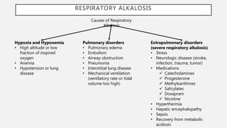RESPIRATORY ALKALOSIS
Causes of Respiratory
Alkalosis
Hypoxia and Hypoxemia
• High altitude or low
fraction of inspired
oxygen
• Anemia
• Hypotension or lung
disease
Pulmonary disorders
• Pulmonary edema
• Embolism
• Airway obstruction
• Pneumonia
• Interstitial lung disease
• Mechanical ventilation
(ventilatory rate or tidal
volume too high)
Extrapulmonary disorders
(severe respiratory alkalosis)
• Stress
• Neurologic disease (stroke,
infection, trauma, tumor)
• Medications
 Catecholamines
 Progesterone
 Methylxanthines
 Salicylates
 Doxapram
 Nicotine
• Hyperthermia
• Hepatic encephalopathy
• Sepsis
• Recovery from metabolic
acidosis
 