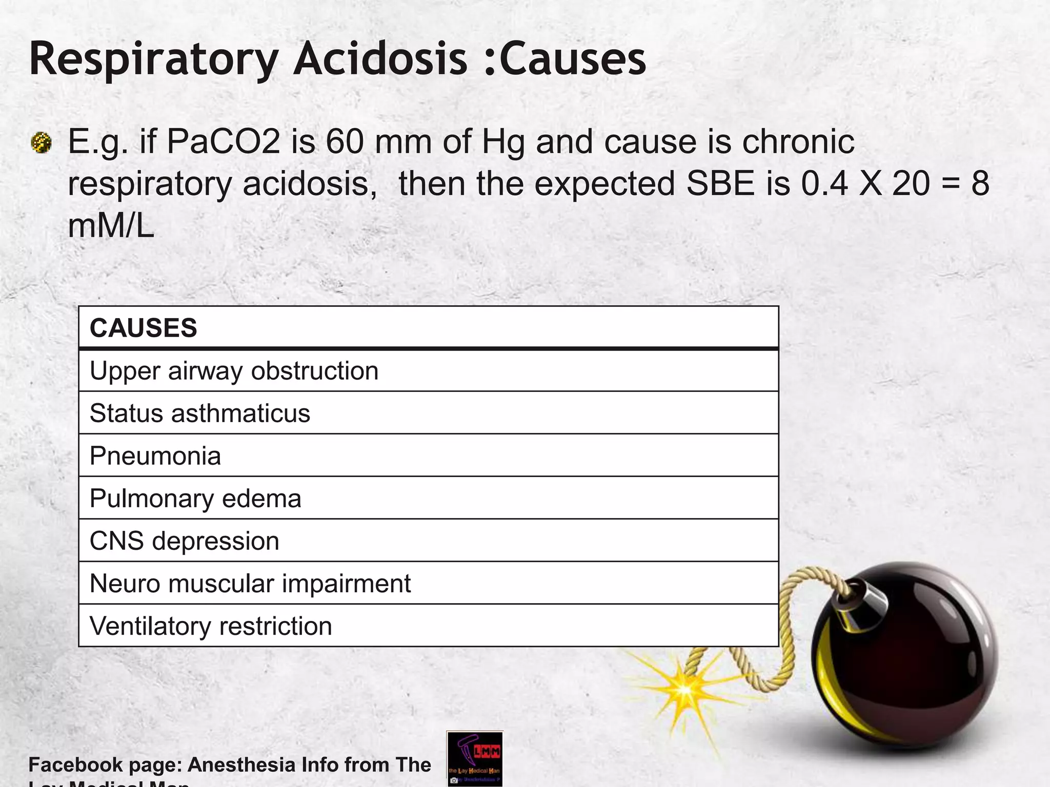 Respiratory Acidosis :Causes
E.g. if PaCO2 is 60 mm of Hg and cause is chronic
respiratory acidosis, then the expected SBE is 0.4 X 20 = 8
mM/L
Facebook page: Anesthesia Info from The
CAUSES
Upper airway obstruction
Status asthmaticus
Pneumonia
Pulmonary edema
CNS depression
Neuro muscular impairment
Ventilatory restriction
 