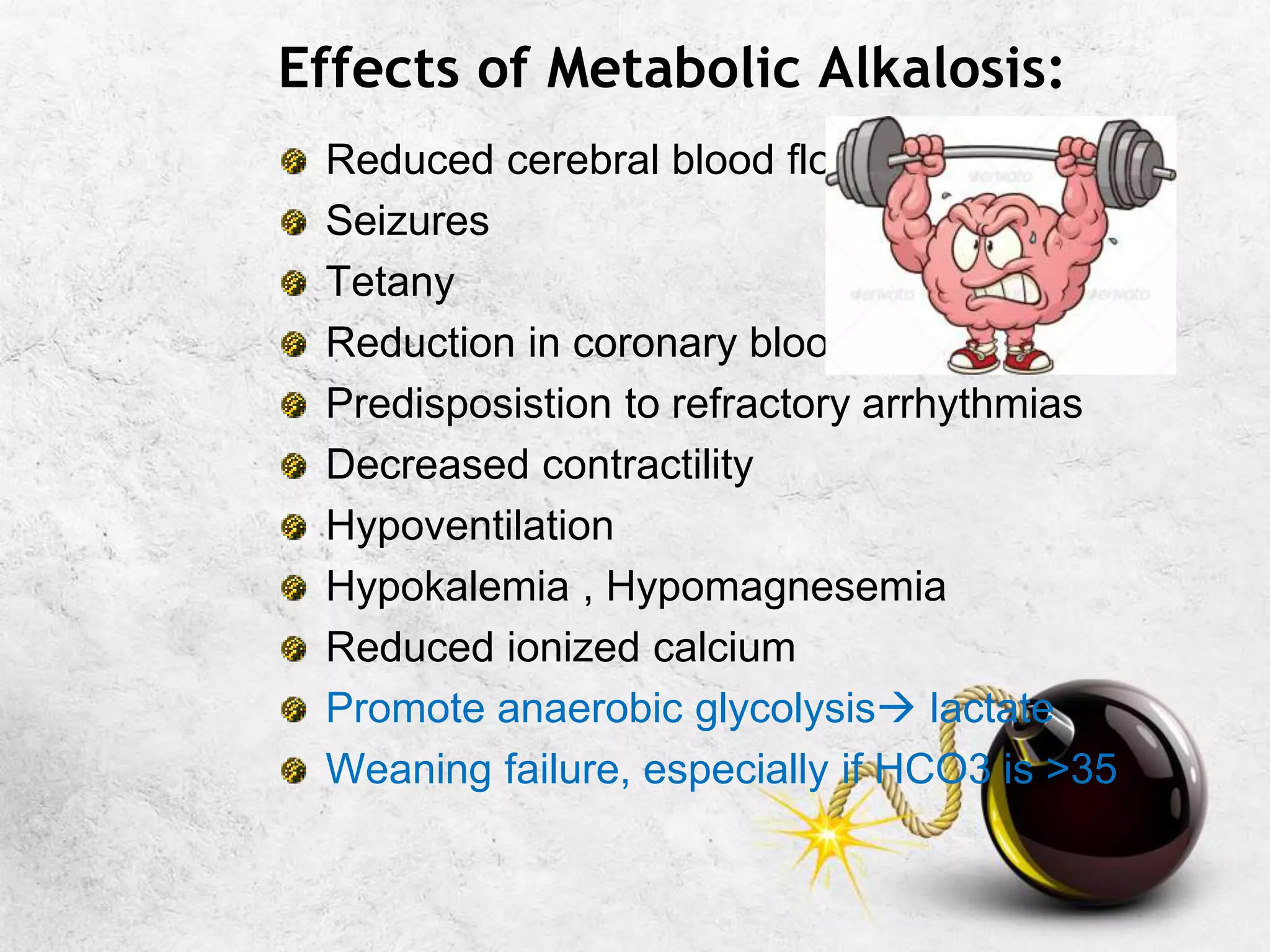 Effects of Metabolic Alkalosis:
Reduced cerebral blood flow
Seizures
Tetany
Reduction in coronary blood flow
Predisposistion to refractory arrhythmias
Decreased contractility
Hypoventilation
Hypokalemia , Hypomagnesemia
Reduced ionized calcium
Promote anaerobic glycolysis lactate
Weaning failure, especially if HCO3 is >35
 