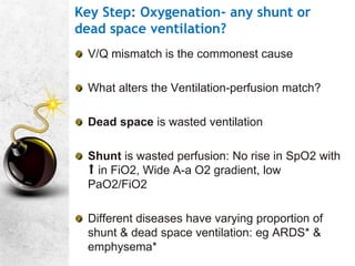 Key Step: Oxygenation- any shunt or
dead space ventilation?
V/Q mismatch is the commonest cause
What alters the Ventilation-perfusion match?
Dead space is wasted ventilation
Shunt is wasted perfusion: No rise in SpO2 with
⬆️ in FiO2, Wide A-a O2 gradient, low
PaO2/FiO2
Different diseases have varying proportion of
shunt & dead space ventilation: eg ARDS* &
emphysema*
 