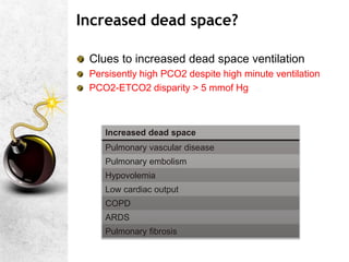 Increased dead space?
Clues to increased dead space ventilation
Persisently high PCO2 despite high minute ventilation
PCO2-ETCO2 disparity > 5 mmof Hg
Increased dead space
Pulmonary vascular disease
Pulmonary embolism
Hypovolemia
Low cardiac output
COPD
ARDS
Pulmonary fibrosis
 