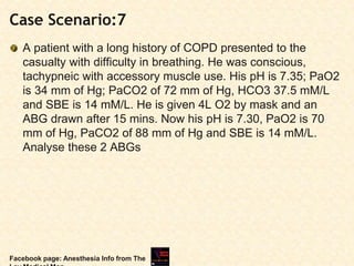 Case Scenario:7
A patient with a long history of COPD presented to the
casualty with difficulty in breathing. He was conscious,
tachypneic with accessory muscle use. His pH is 7.35; PaO2
is 34 mm of Hg; PaCO2 of 72 mm of Hg, HCO3 37.5 mM/L
and SBE is 14 mM/L. He is given 4L O2 by mask and an
ABG drawn after 15 mins. Now his pH is 7.30, PaO2 is 70
mm of Hg, PaCO2 of 88 mm of Hg and SBE is 14 mM/L.
Analyse these 2 ABGs
Facebook page: Anesthesia Info from The
 